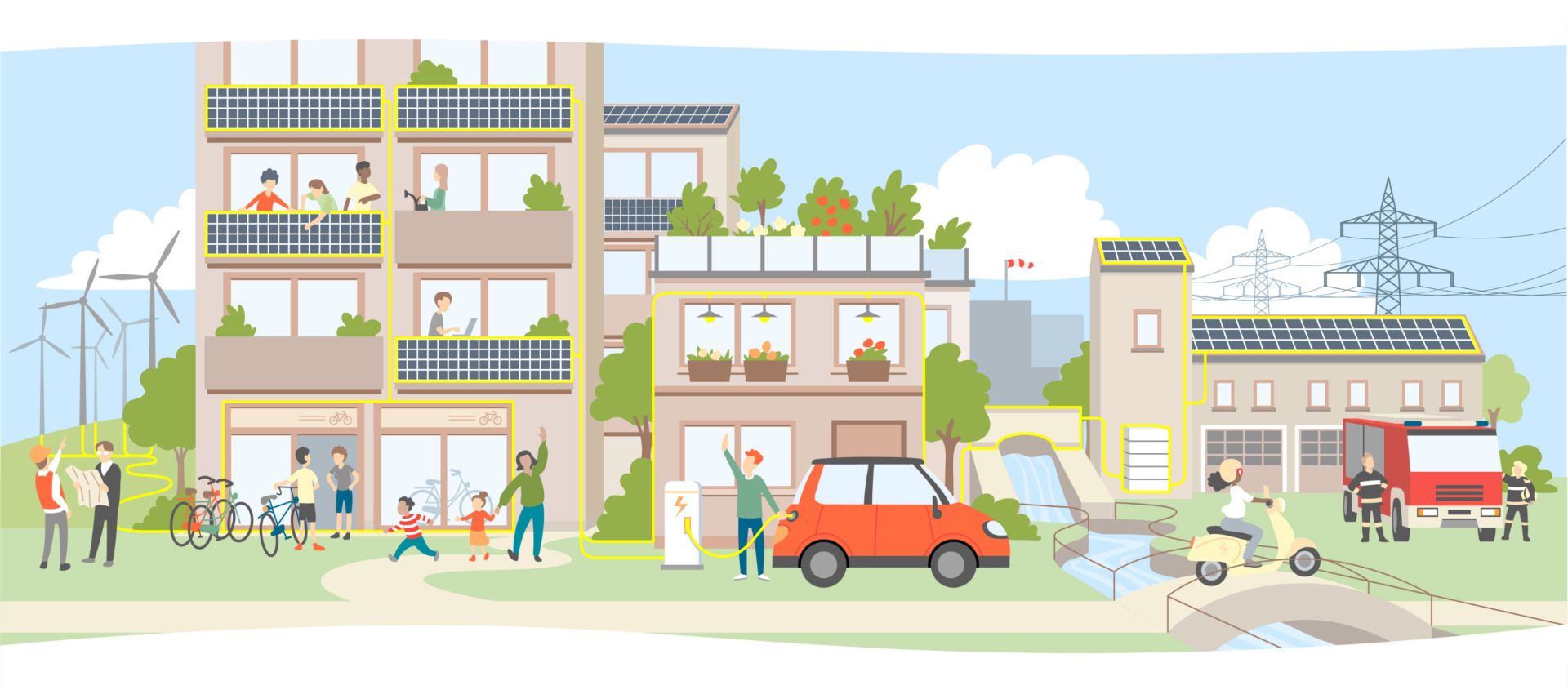 Cartoon-Illustration mit mehreren Personen, die fröhlich vor einem Gebäude versammelt sind.