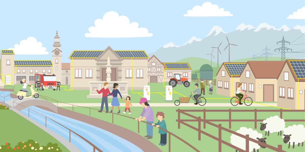 Zeichnung von Personen, die am Flussufer gehen, während Solarpanels auf den Dächern sichtbar sind