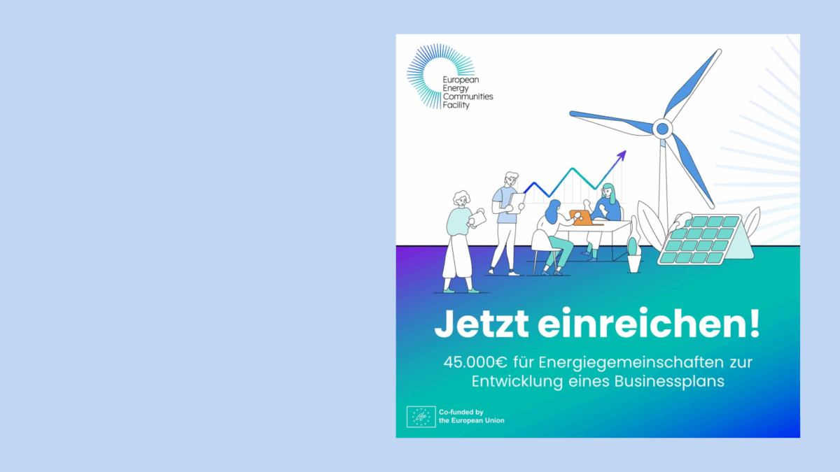 Die European Energy Communities Facility unterstützt Energiegemeinschaften, die sich gerade im Aufbau befinden oder eine neue innovative Idee realisieren möchten. Du kannst dich auf eine Förderung von 45.000 € und begleitende Trainings zur Entwicklung eines Businessplans für deine Energiegemeinschaft zu bewerben!