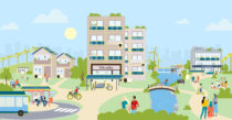 Illustration einer vielfältigen Energiewelt mit gemeinsamer Energienutzung. Zu sehen sind Wohnhäuser, ein Mehrparteienhaus, ein Fahrradgeschäft, ein Coworking-Gebäude mit Supermarkt sowie Photovoltaikanlagen, Speicher, Wärmepumpen, E-Mobilität, eine E-Bus-Haltestelle, Windkraftanlagen und ein Wasserkraftwerk. Die gemeinsame Energienutzung wird durch gelbe Hervorhebungen sichtbar gemacht: Photovoltaikanlagen auf den Gebäuden sowie Geräte und Anwendungen, die mit diesem gemeinsam genutzten Strom versorgt werden – etwa Handys, E-Busse, Fahrräder, E-Autos oder Wärmepumpen – sind gelb markiert. So zeigt die Illustration, wie erneuerbarer Strom gemeinsam genutzt und in unterschiedlichen Bereichen des Alltags eingesetzt werden kann.